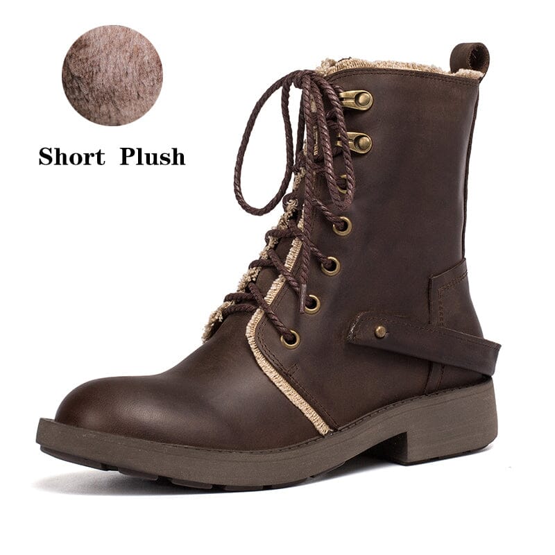 Crazy Horse Leather Combat Boots Designer Retro Chunky Riding Boots Dark Coffee/Black