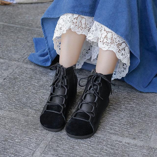 Retro Genuine Leather Soft Flat Boots For Women Round Toe Lace Up Mori Girl Style Ankle Boots Wide Fit Black