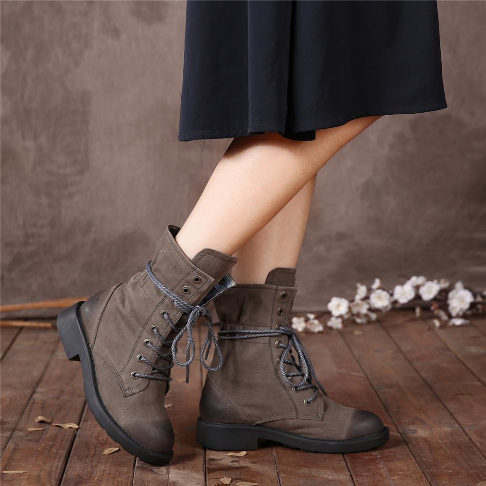 Women Retro Leather Lace Up Combat Boots Black/Brown/Khaki
