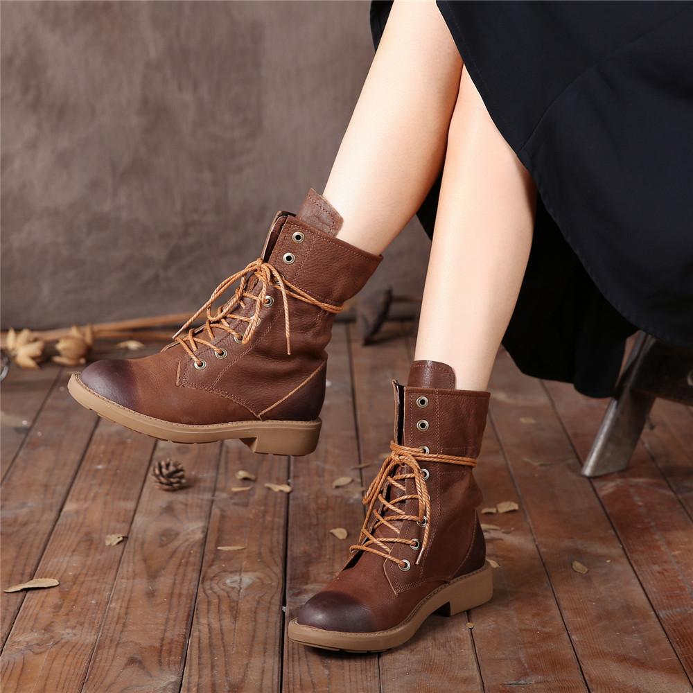 Women Retro Leather Lace Up Combat Boots Black/Brown/Khaki