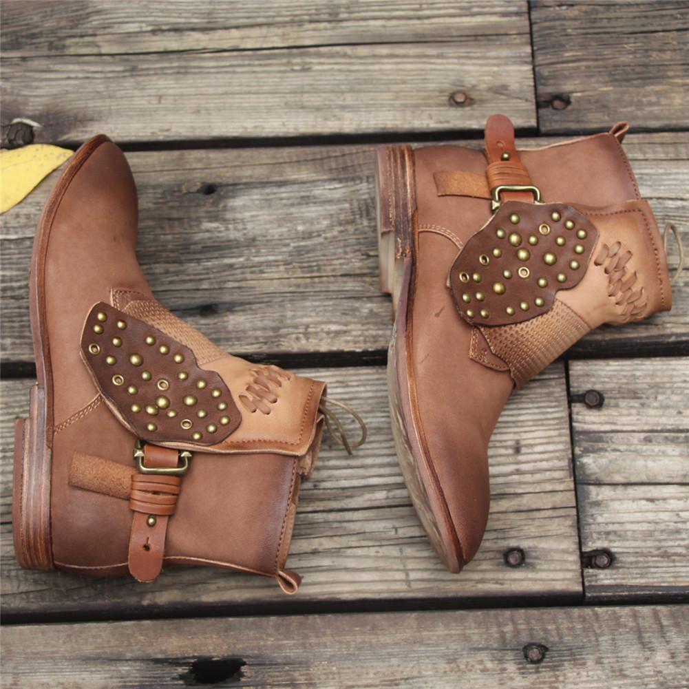 Women'S Handmade Sheepskin Ankle Boots Comfortable Walking Round Toe Retro Rivet Boots With Buckles Brown