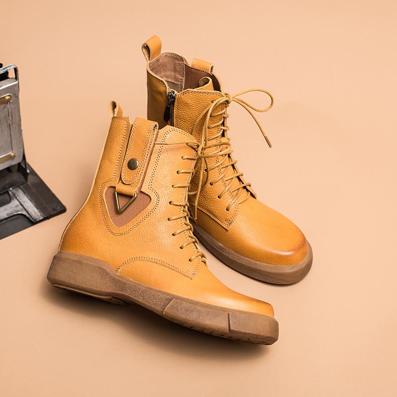 Leather Boots Designer Retro Chunky Riding Boots Side Heart Shape Handmade Coffee/Black/Yellow