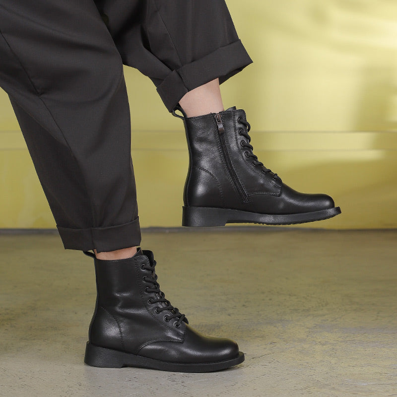 Winter Boots Handmade Genuine Leather Lace-Up Combat Boots Retro Boots Chunky Ankle Boots Black/Coffee