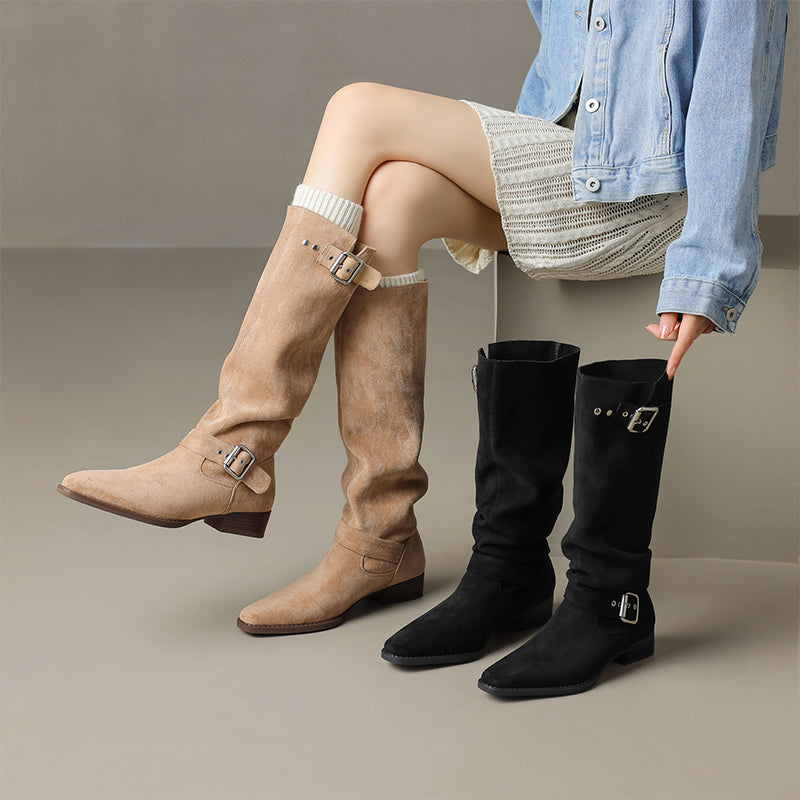 Womens Suede Leather Knee High Boots with Buckles In Black/Brown