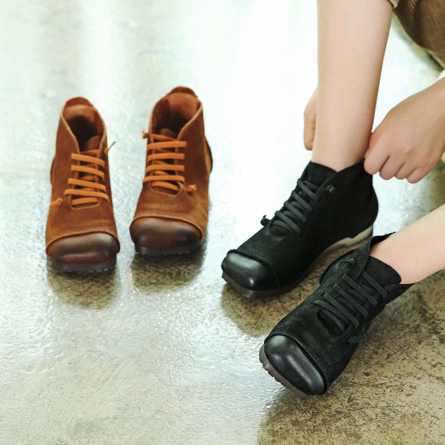 Women Ankle Booties Handmade Leather Low-Heel Square Toe Flat Riding Boots Brown/Black