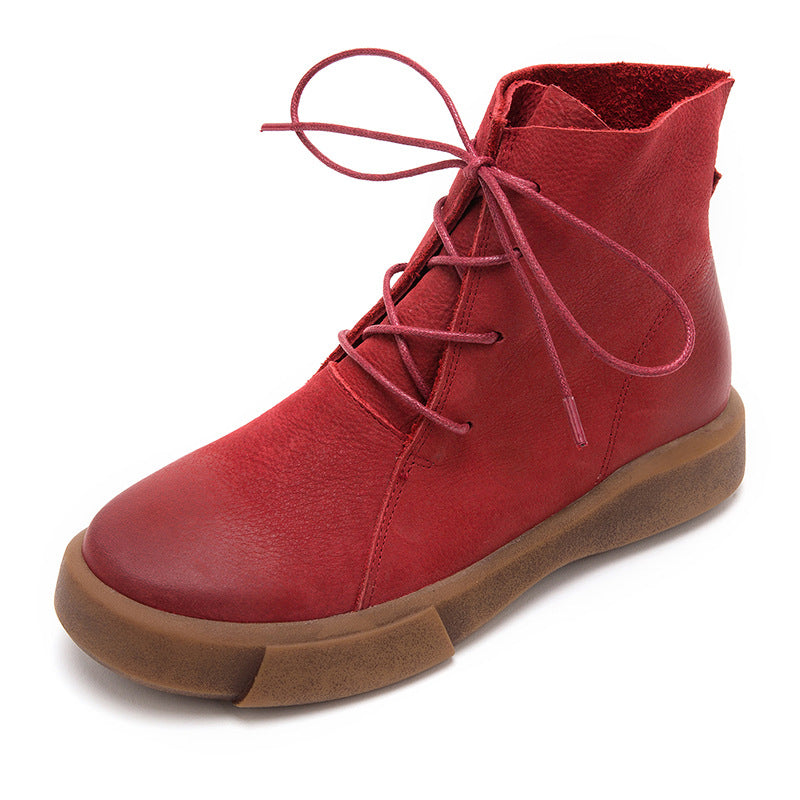 Lace Up Boots for Women Handmade Leather Flat Ankle Boots Brown/Coffee/Black