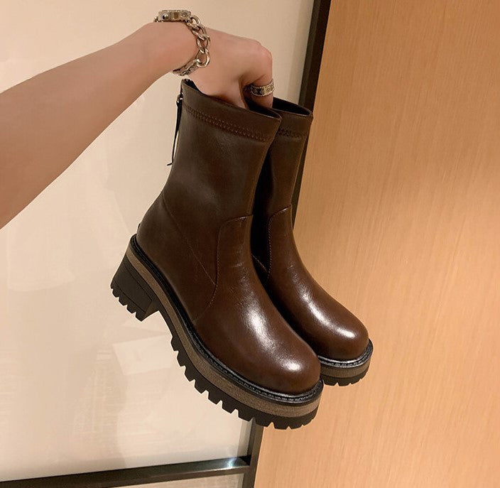Classic Platform Chelsea Boots Handmade Genuine Leather Stretch Boots in Black/Coffee