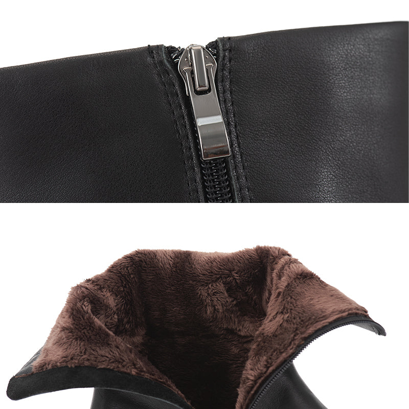 Womens Handmade Retro Leather Mid Calf Boots for Cold Winter classic boots Black