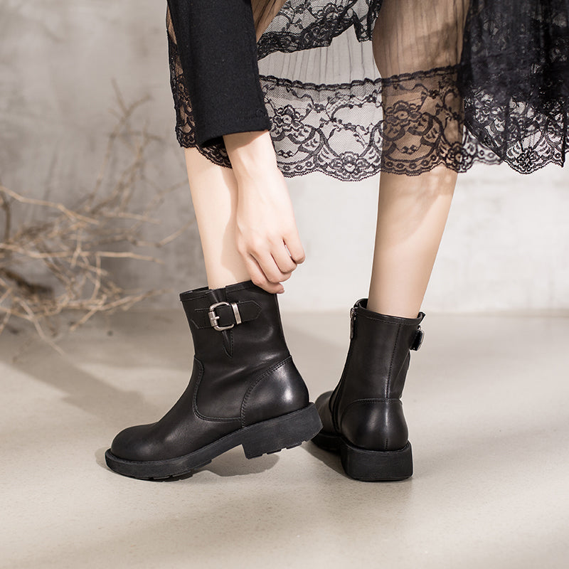 Handmade Leather Short Boots Chunky Buckle Boots in Black