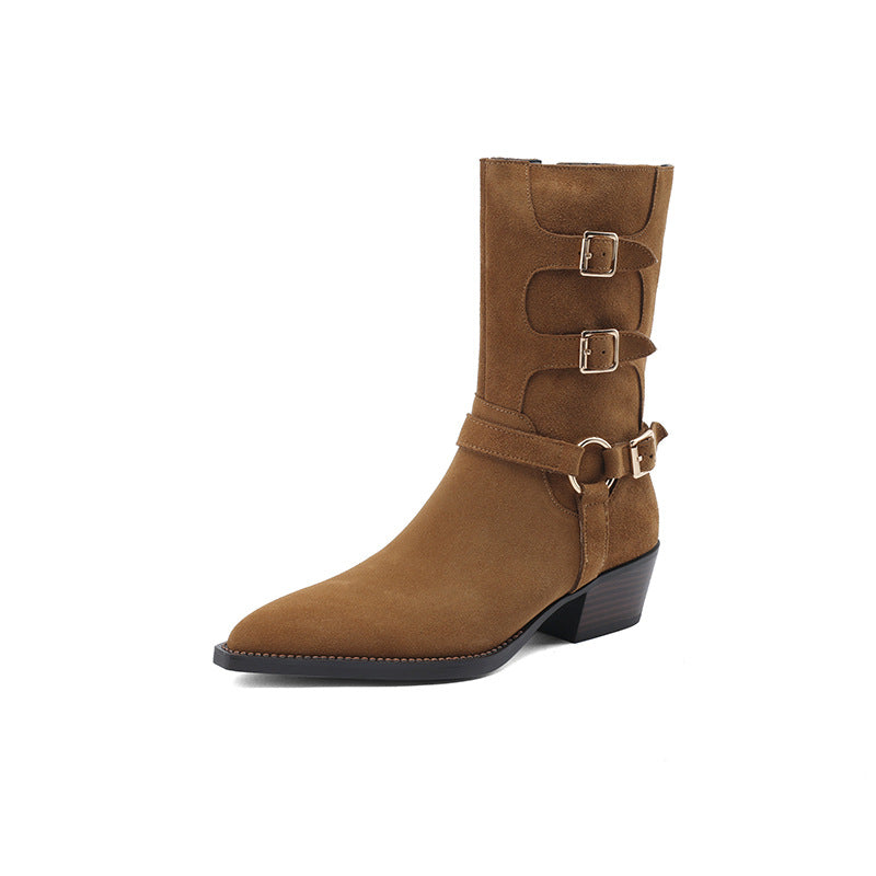 Womens Suede Leather Mid Calf Boots 45mm Block Heel with Buckle Details In Black/Brown
