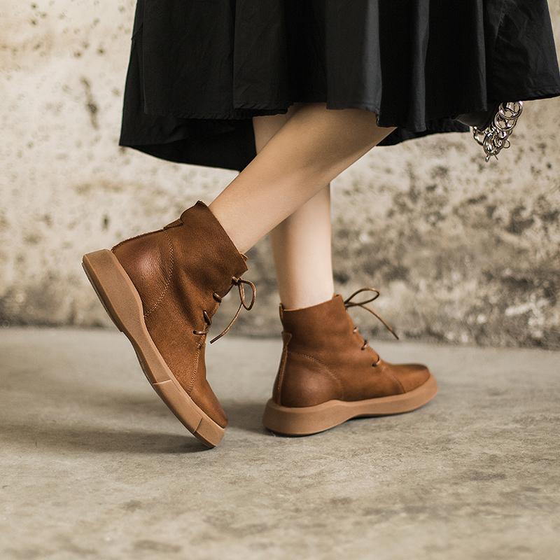 Lace Up Boots for Women Handmade Leather Flat Ankle Boots Brown/Coffee/Black