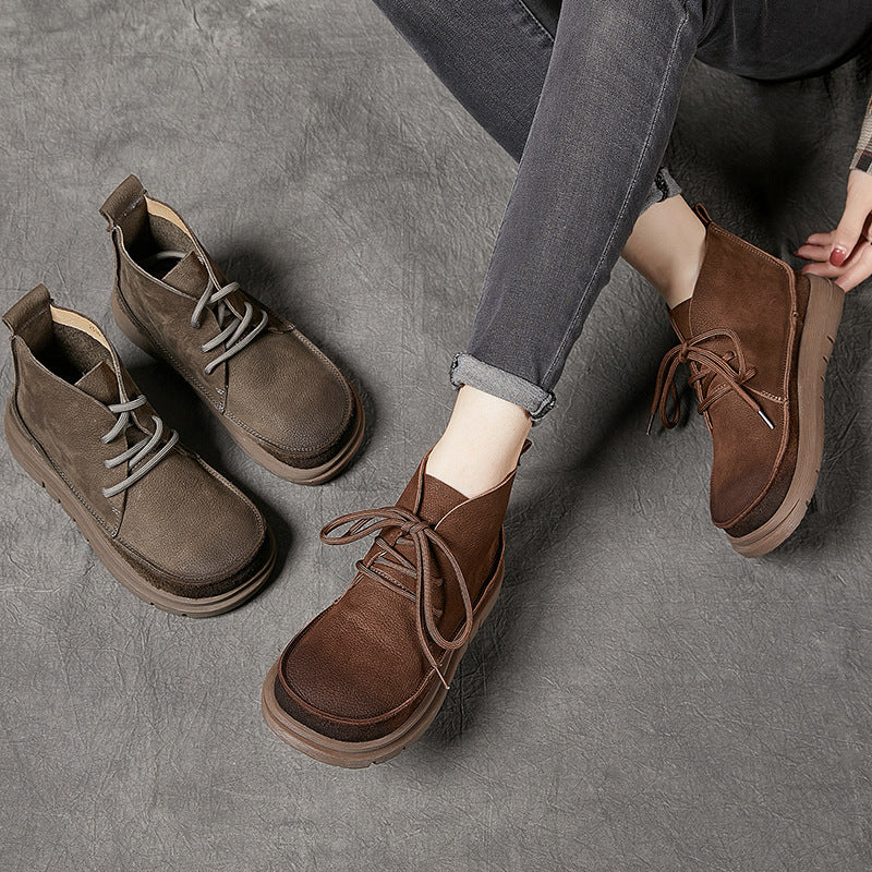 Handmade Leather Lace Up Ankle Boots For Women Soft Short Boots For Fall And Winter Coffee/Khaki