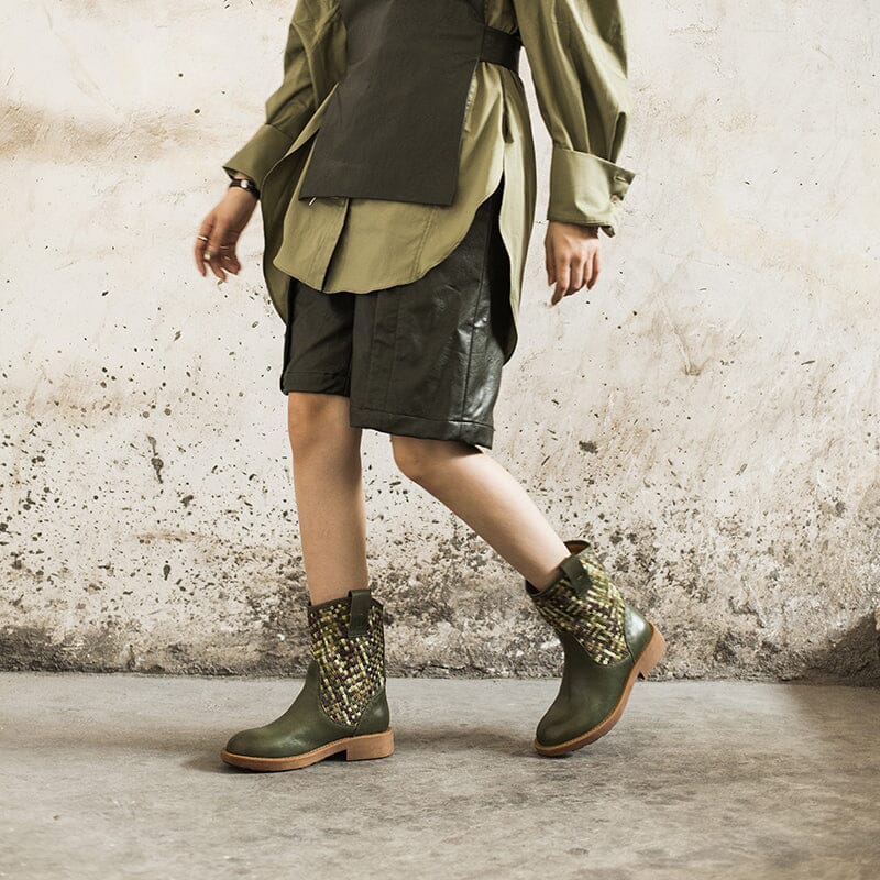 Woven Leather Boots Mid Calf Color Blocking Design Cowgirl Boots In Green/Apricot/Red/Black