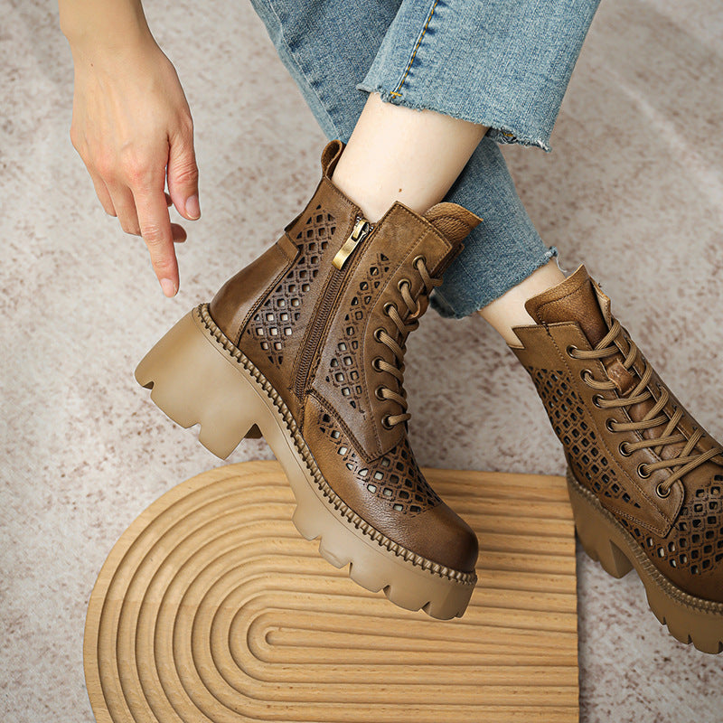 Women's Ankle Booties Round Toe Design Cut Out Boots Brown/Khaki