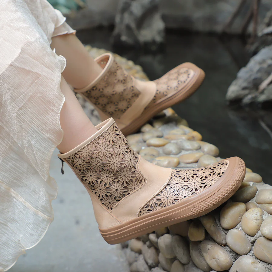 Handmade Genuine Leather Summer Boots Cut Out Breathable Zip Short Boots