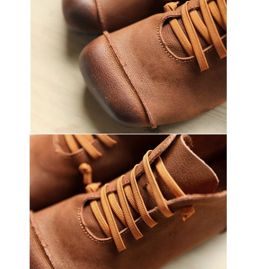 Women Ankle Booties Handmade Leather Low-Heel Square Toe Flat Riding Boots Brown/Black