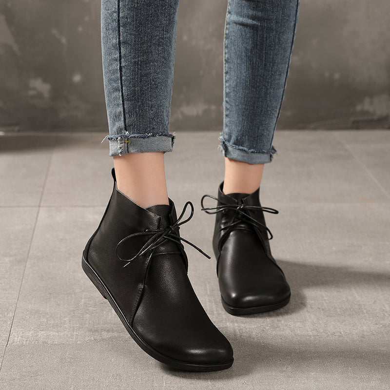 Handmade Soft Leather Ankle Boots Retro Round Toe Short Boots Women Mori Girl Boots