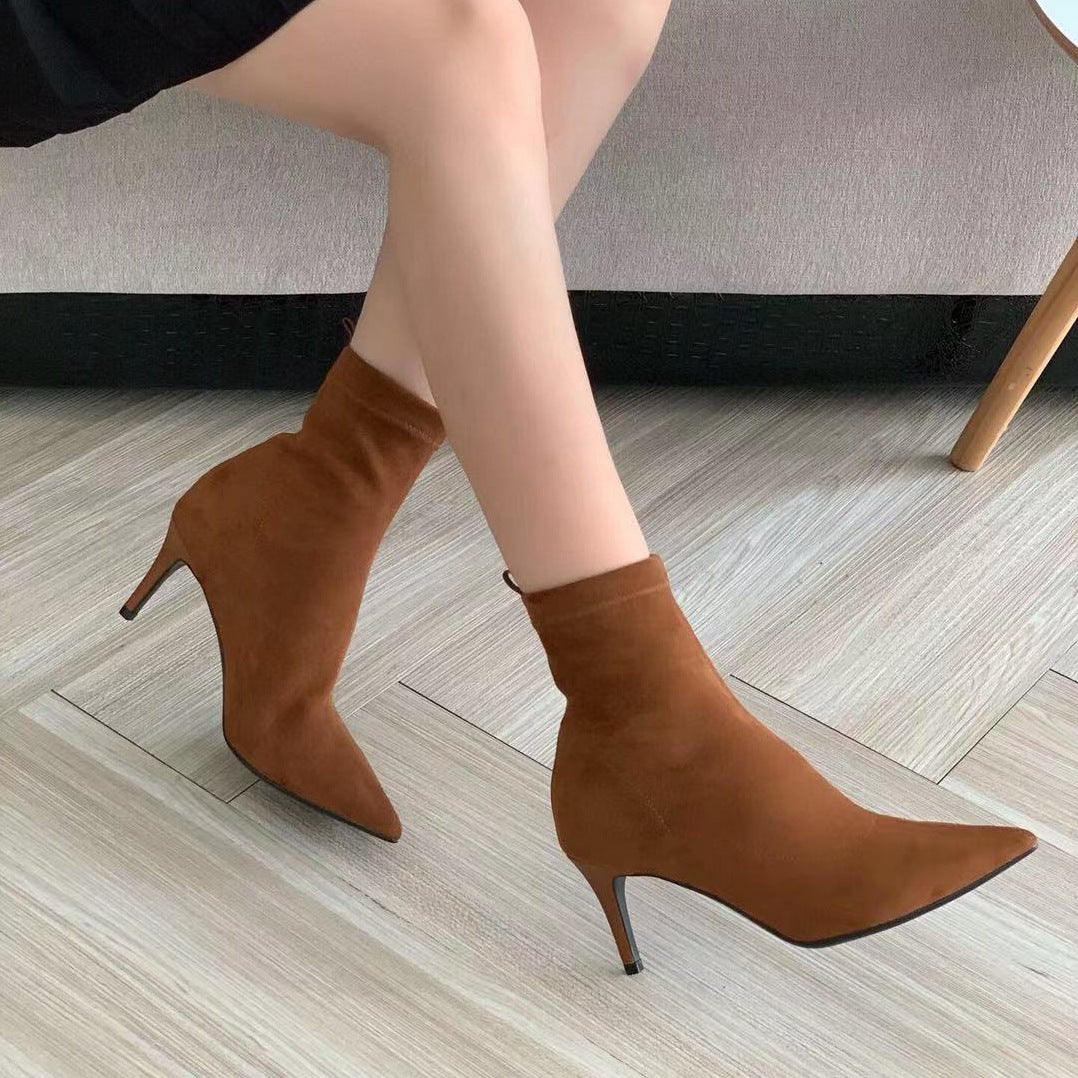 Classic Point Toe Sock Boots High Heel Stretch Boots Elastic Suede Handmade Black/Brown