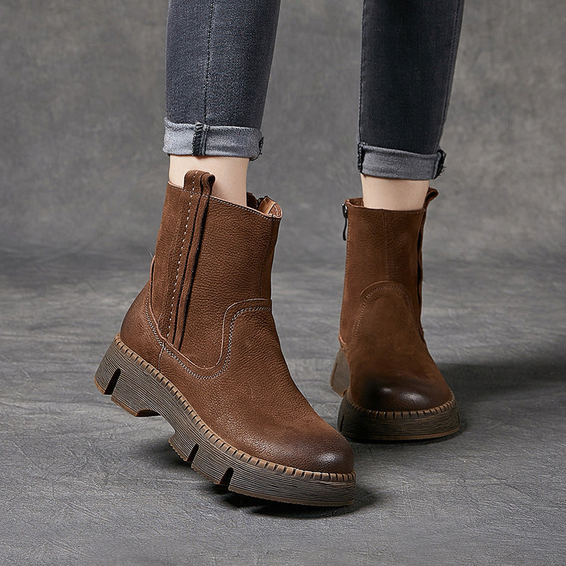 Women's Handmade Chunky Ankle Booties Side Zip in Coffee/Grey