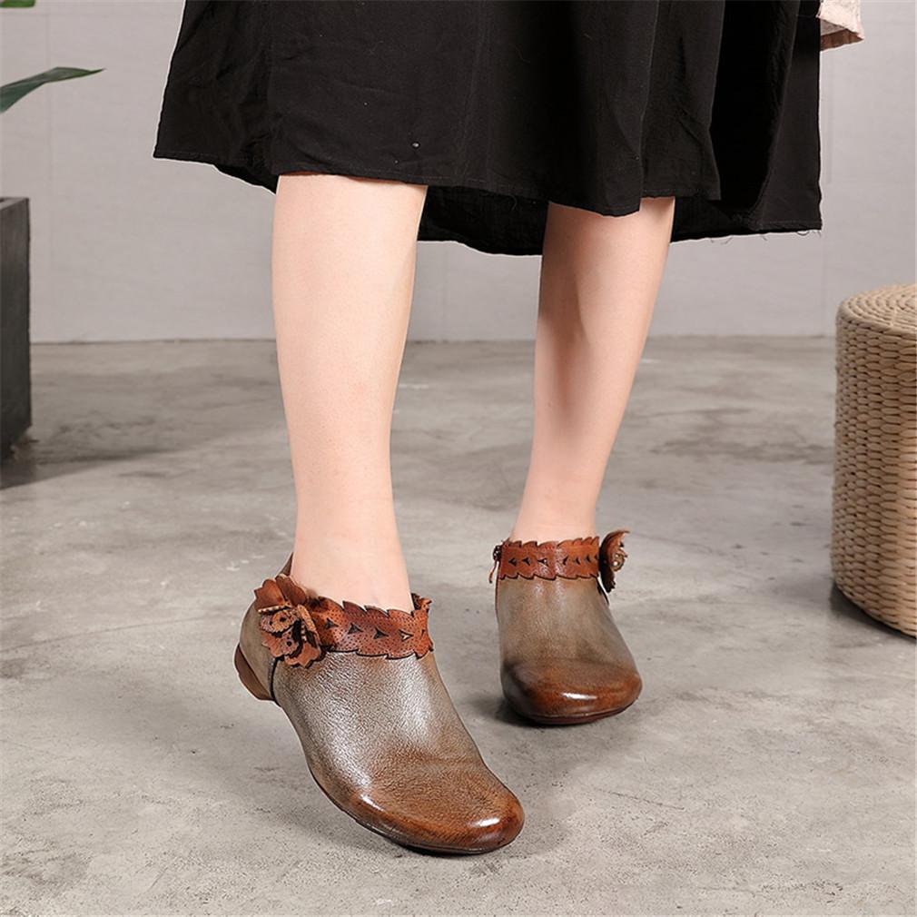 Retro Booties For Women Brush-Off Leather Handmade Flat Ankle Boots Taupe