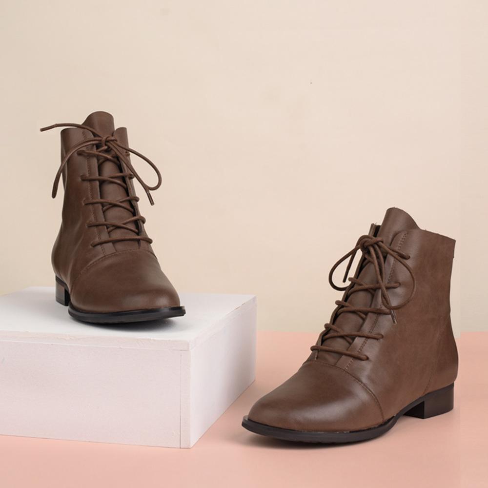 Women Boots Lace Up Short Boots Handmade Leather Full Grain Leather Black/Brown