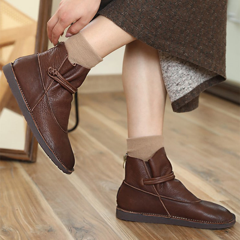 Retro Genuine Leather Soft Flat Boots For Women Round Toe Mori Girl Style Brown/Coffee