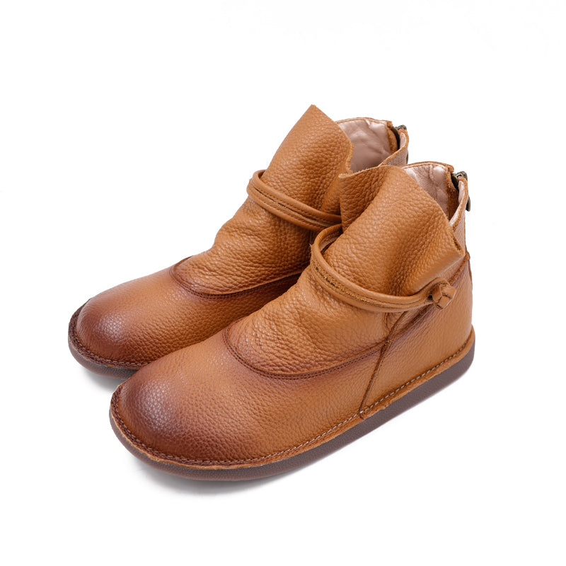 Retro Genuine Leather Soft Flat Boots For Women Round Toe Mori Girl Style Brown/Coffee