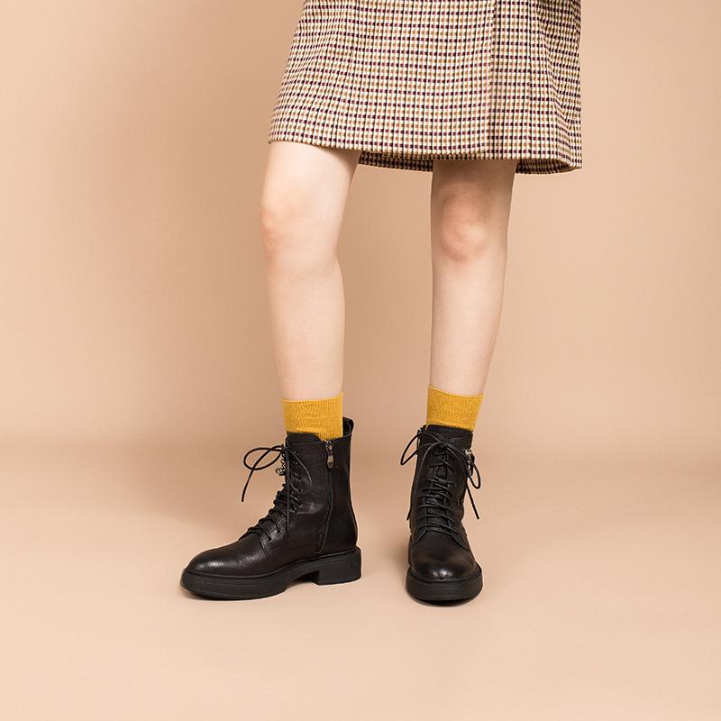 Fashion Full Grain Leather Combat Boots Designer Retro Chunky Riding Boots Side Zip Pocket Decoration Brown/Black