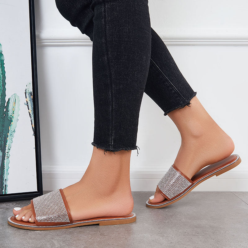Rhinestone Slip on Flat Slide Sandals Glitter Open Toe Casual Slippers