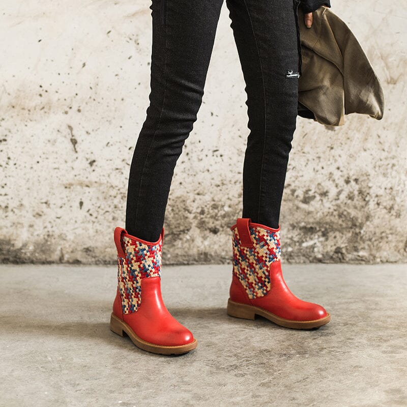 Woven Leather Boots Mid Calf Color Blocking Design Cowgirl Boots In Green/Apricot/Red/Black