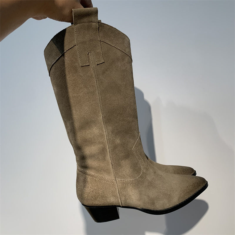 Western Boots for Womens Mid Calf suede knee boots- Black/Khaki