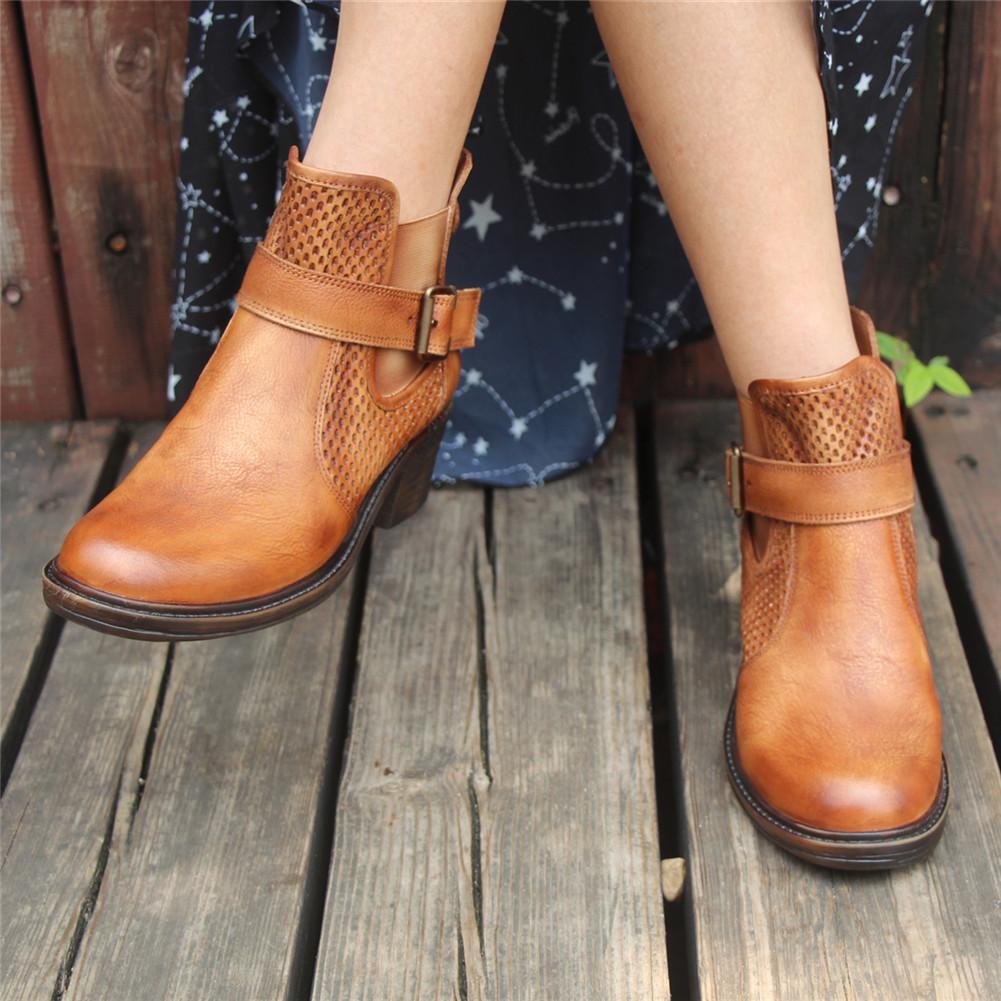Women'S Handmade Leather Ankle Boots Comfortable Walking Retro Boots With Buckles Brown