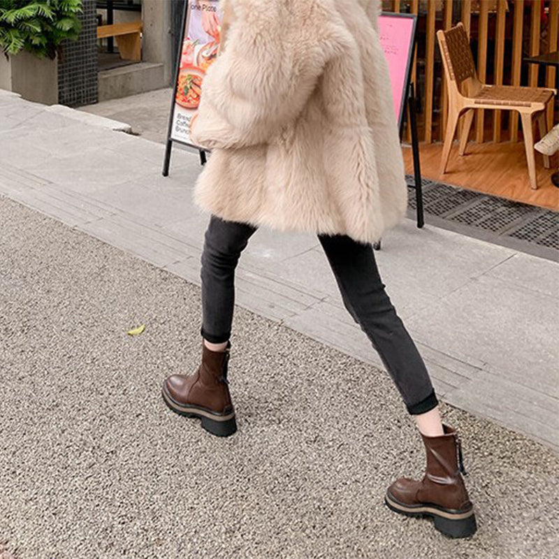 Classic Platform Chelsea Boots Handmade Genuine Leather Stretch Boots in Black/Coffee