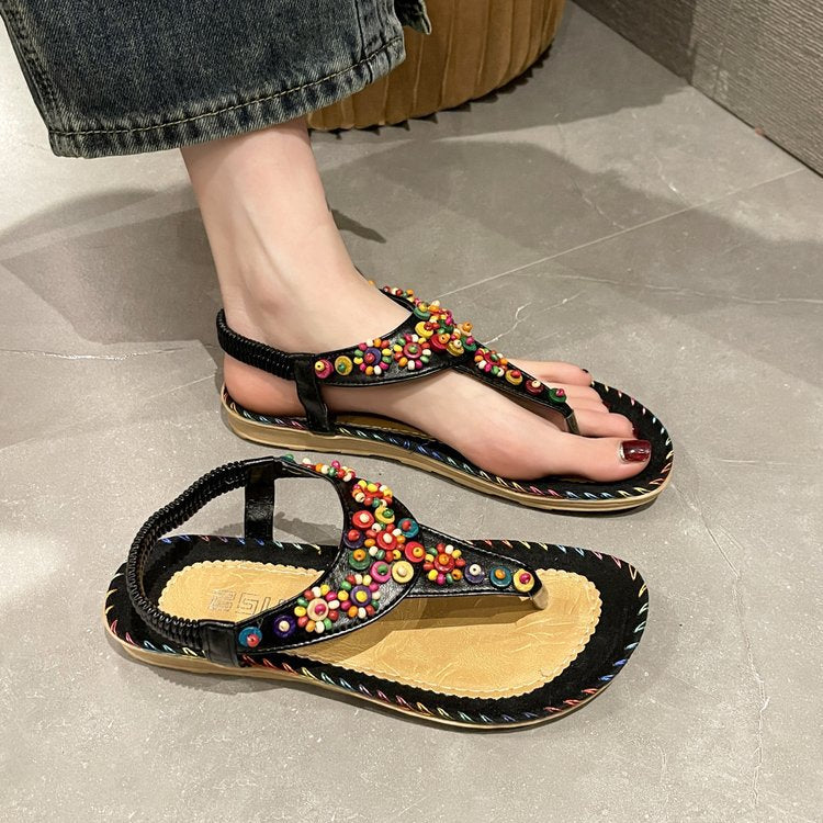 Women's Bohemian Flat Flip-flops Beaded Beach Korean Sandals
