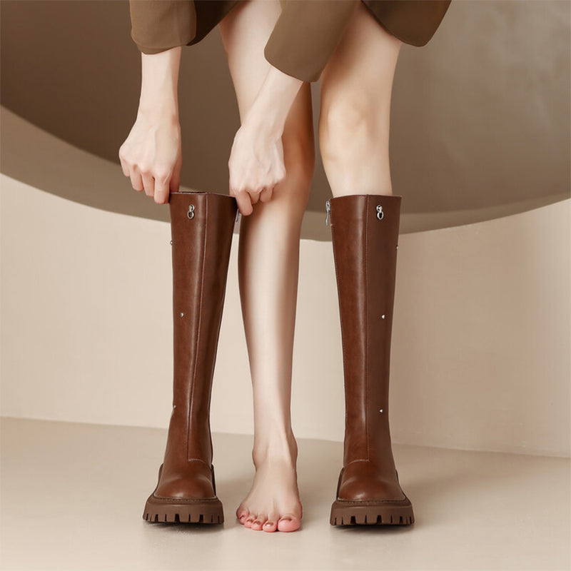 Rivet Riding Boots for Women in Black/Brown Leather - Chunky Sole Tall Boots