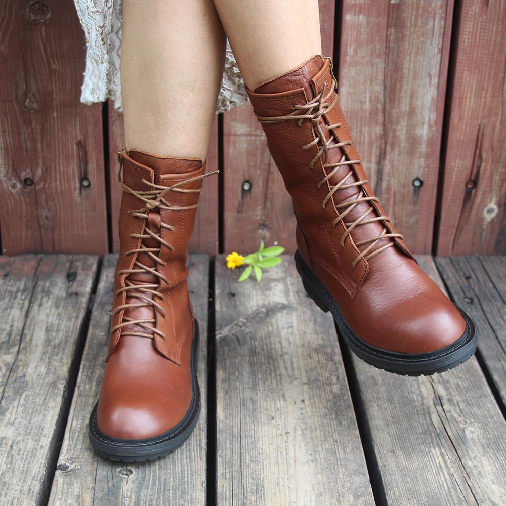 Retro Short Boots Women Handmade Genuine Leather Boots Biker Boots Brown