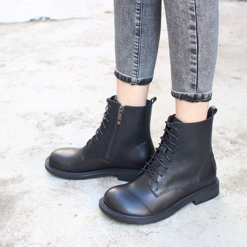 Women Leather Ankle Boots Soft Bottom Flat Round Toe Big-Head Retro Boots Coffee/Black