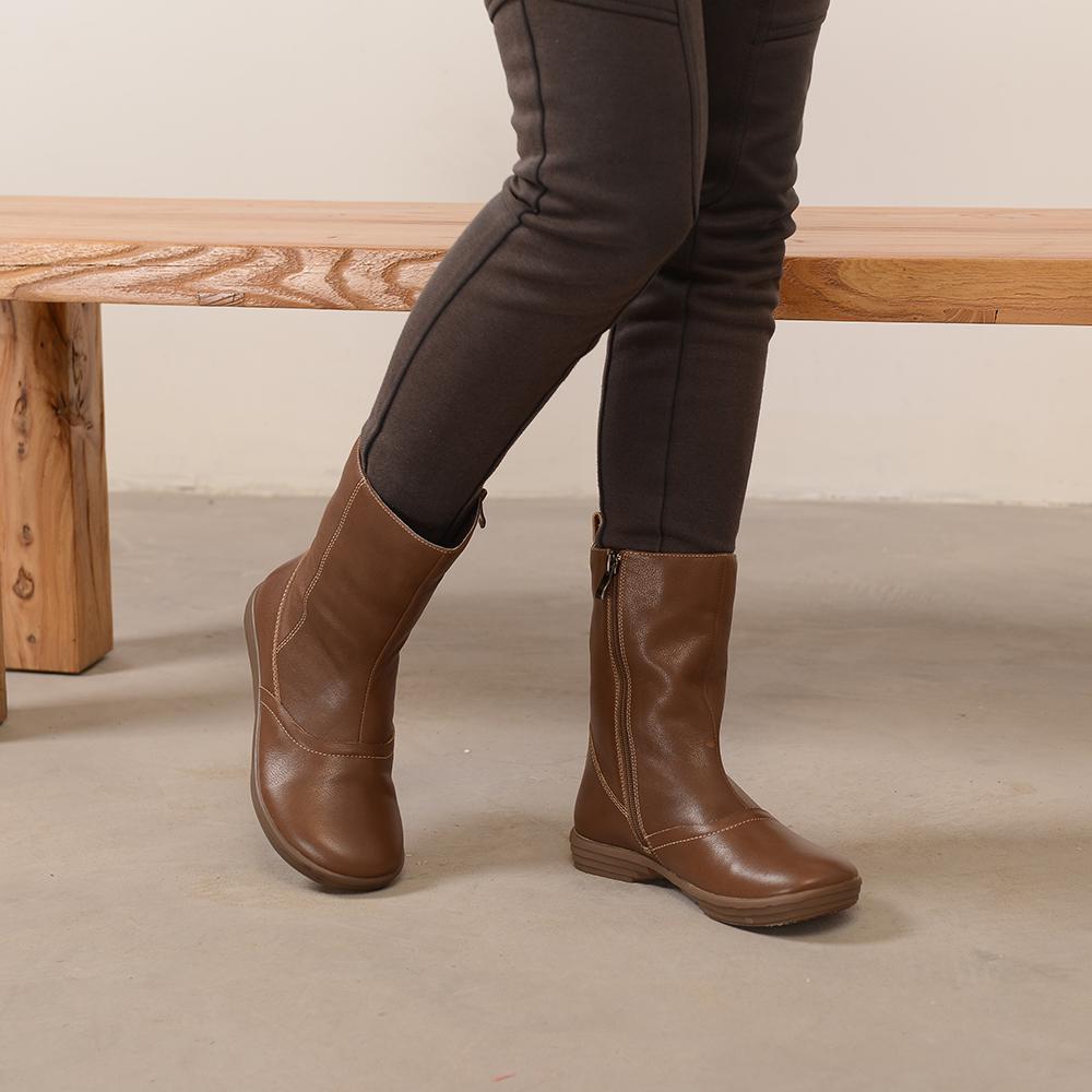 Wide Fit Handmade Leather Side Zip Calf Length Boots For Winter Designer Shoes Exquisite Suture Black/Khaki