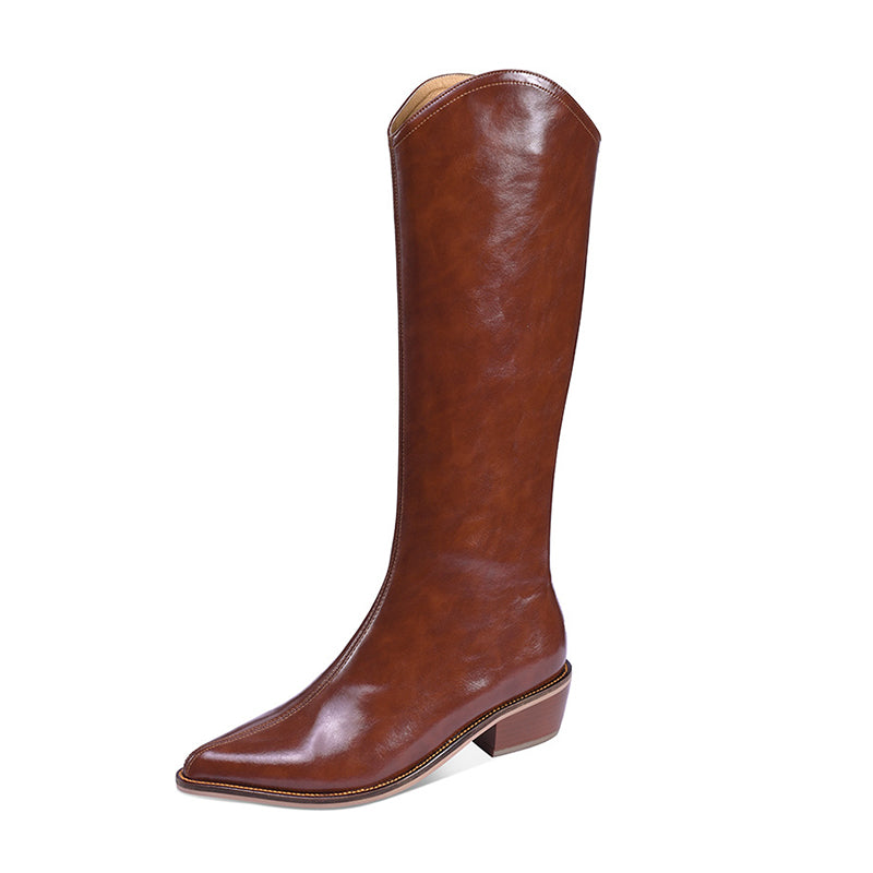 Cowboy Boots Women Handmade Genuine Leather Black/Beige/Brown/Coffee- Knee High Boots Side Zipper