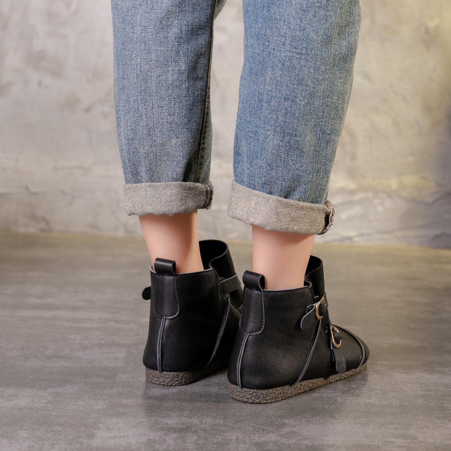 Handmade Women'S Leather Flat Ankle Boots Stitching With Black/Coffee Booties
