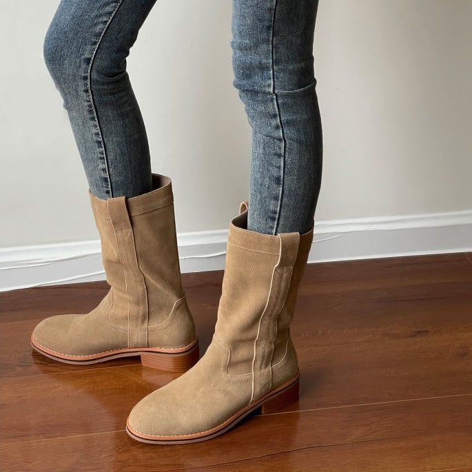 Womens Suede Leather Mid Calf Boots In Black/Khaki