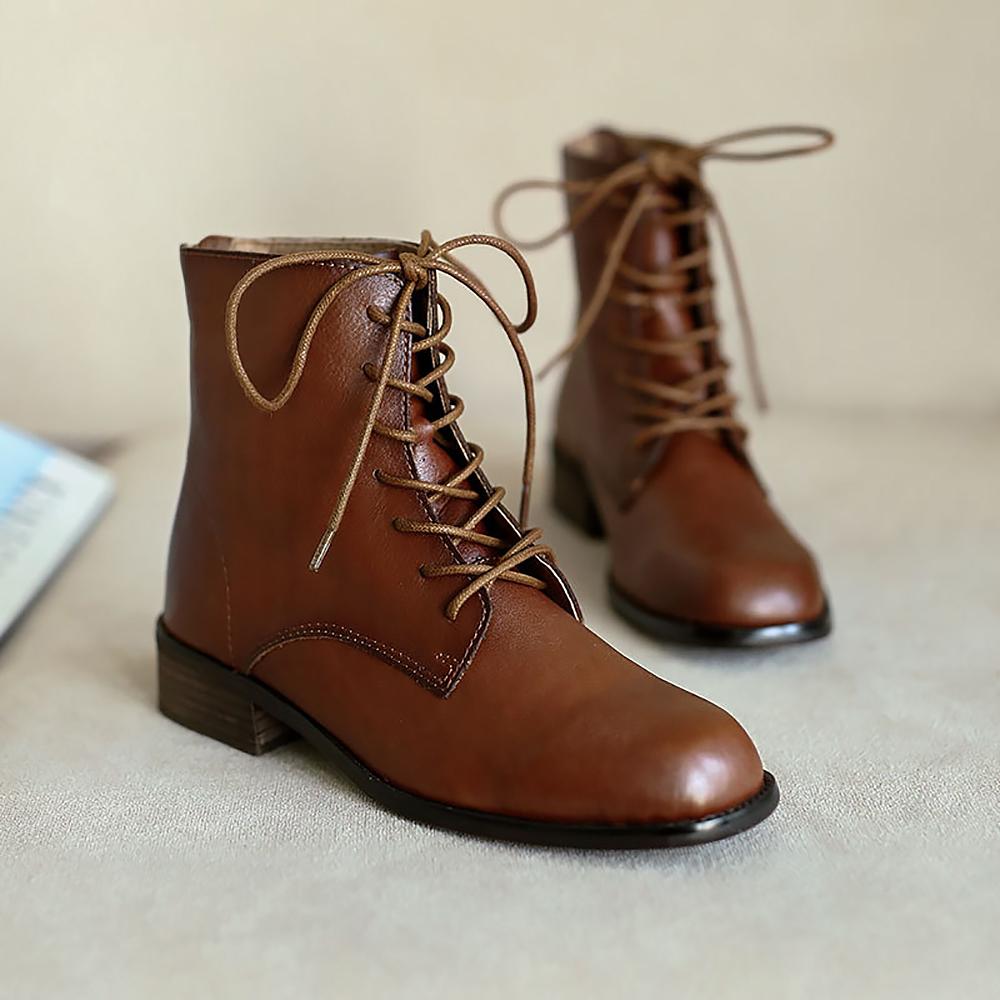 Handmade Fashion Boots Women Genuine Leather Lace-Up Oxfords Round Toe Chunky Ankle Booties Back Zipper Black/Brown