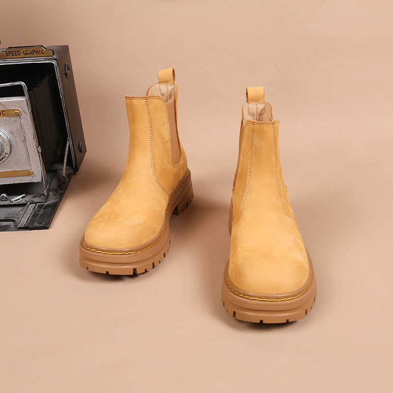 Women's Handmade Chelsea Boot in Nubuck Calfskin Waterproof in Yellow Platform