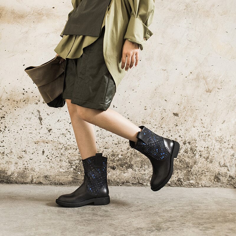 Woven Leather Boots Mid Calf Color Blocking Design Cowgirl Boots In Green/Apricot/Red/Black