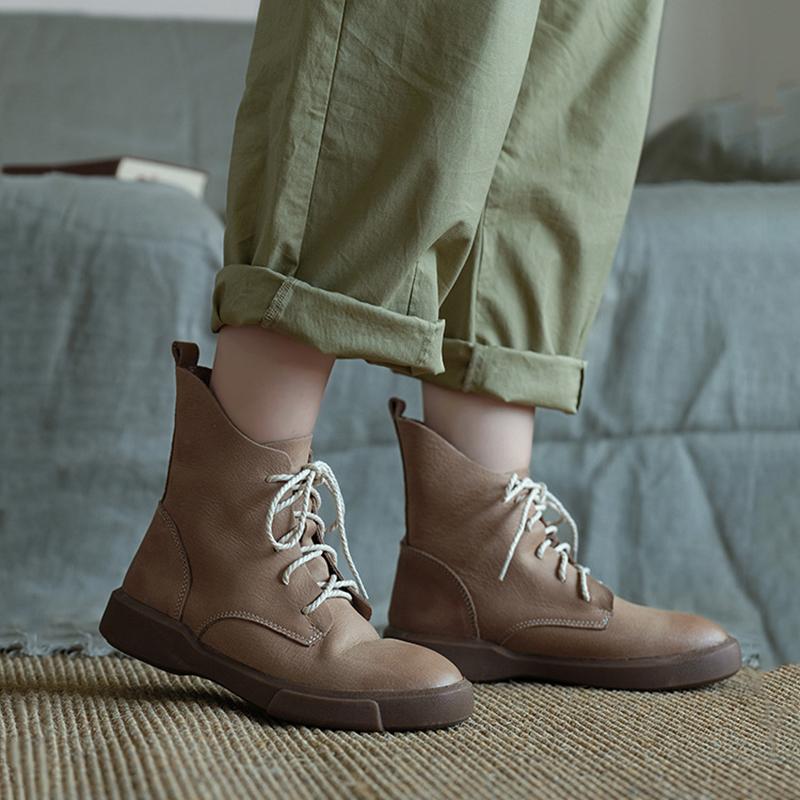 Handmade Genuine Leather Biker Boots Lace-Up Combat Boots Retro Chunky Ankle Boots 2020 Winter Boots Khaki/Dark Grey