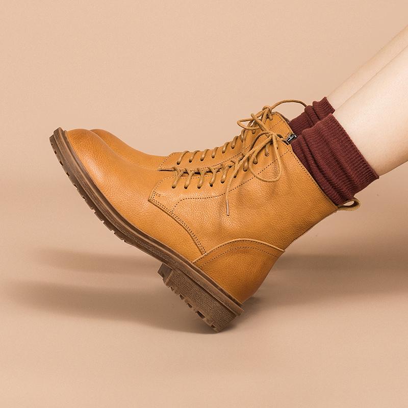Retro Leather Combat Boots Designer Retro Chunky Riding Boots Side Zip Handmade Dark Yellow/Coffee/Black