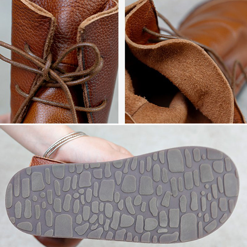 Handmade Women Calf Leather Booties Round Toe Lace-Up Flat Shoes Ankle Boots Brown/Coffee
