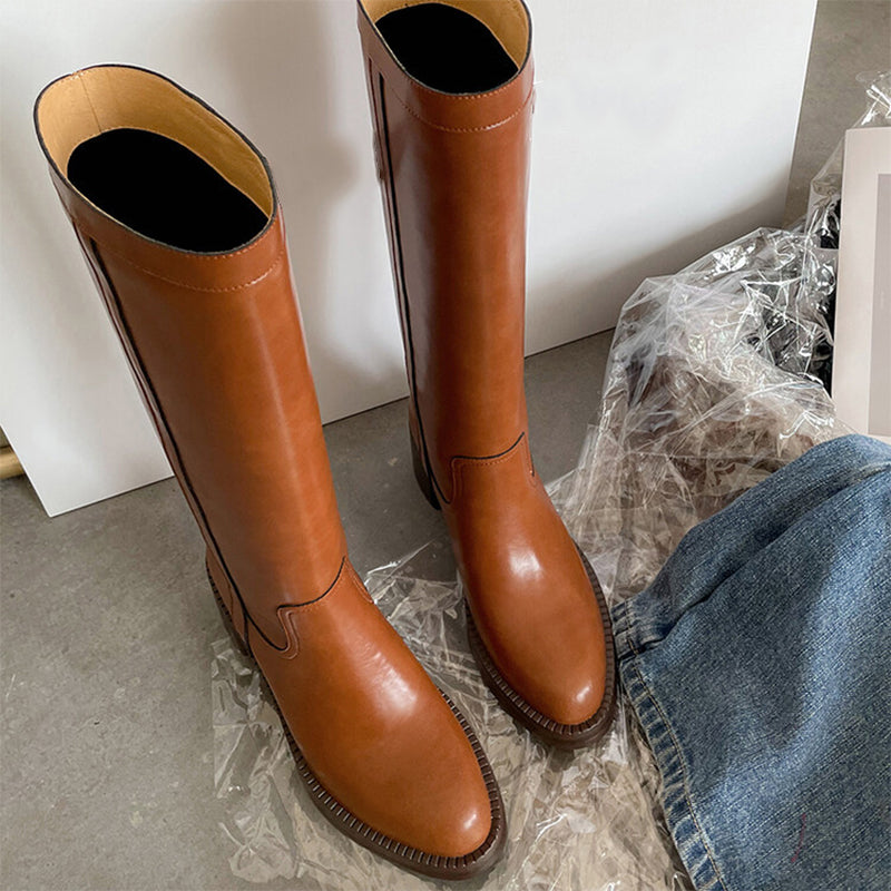 Retro Cowboy Boots Women Handmade Genuine Leather Black/Brown - HIGH WESTERN BOOTS Side Zipper