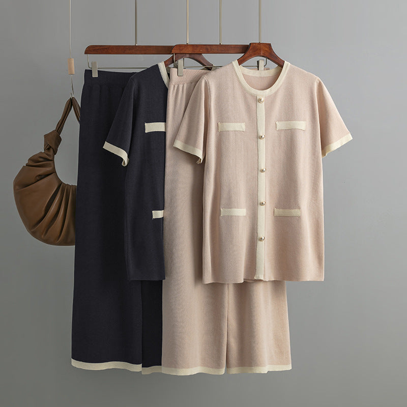 Contrast color short-sleeved top and wide-leg pants two-piece set