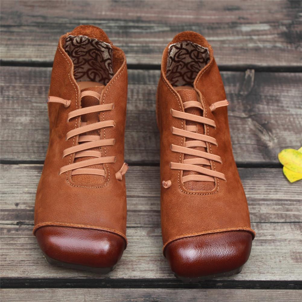 Women Ankle Booties Handmade Leather Low-Heel Square Toe Flat Riding Boots Brown/Black